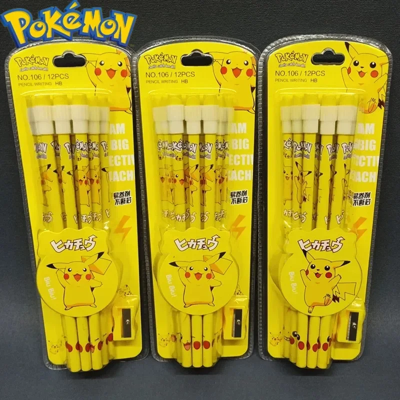 Pokemon Cartoon Pikachu 12 HB Wooden Pencil Sharpener Set Small Leather-tipped - £7.44 GBP+