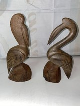 SET OF 2 HAND-CARVED 8.5 inch PELICAN SCULPTURES BEACHLIFE DECOR - £16.17 GBP
