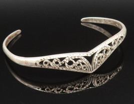 925 Silver - Vintage Hammered Swirl Scroll Pointed Cuff Bracelet - BT9485 - £36.54 GBP