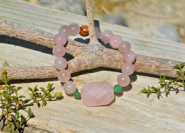 Rose Quartz &amp; Green Aventurine Gemstone Bracelet Size 7.5 Inch for Heart Chakra - £23.43 GBP