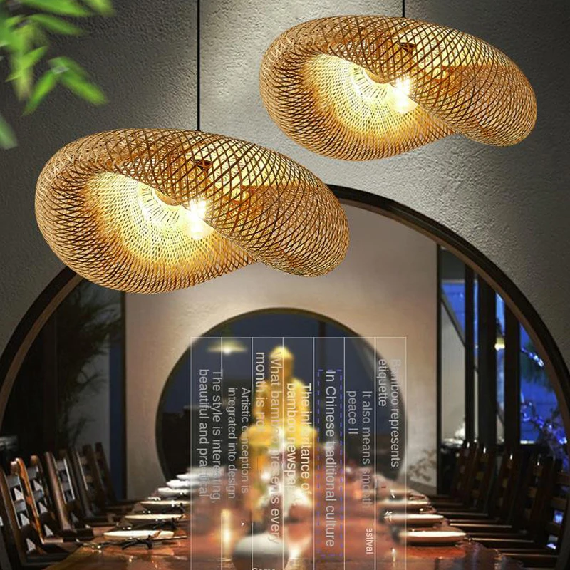 Straw hat shape chandelier bamboo lamp shade e27 ceiling rattan home bedroom decorative thumb200