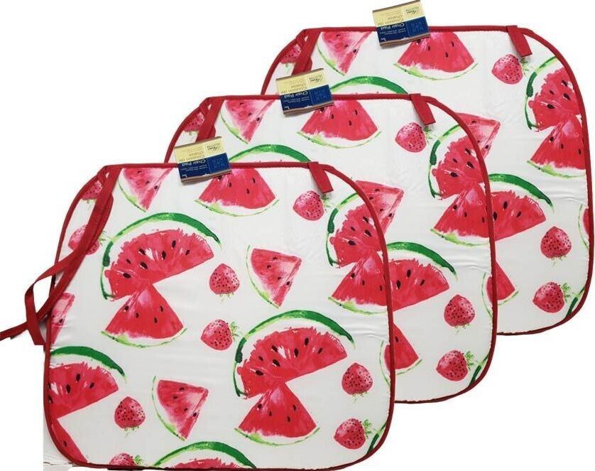 Primary image for Set of 3 Same Printed Thin Cushion Chair Pads w/red ties, WATERMELONS, GR