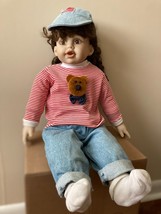 Porcelain Doll 22&quot; Americana Girl in Jeans and Hat with American Flag - £37.36 GBP