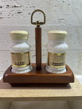 MCM Milk Glass Salt and Pepper Set with Wood Stand Eagle on Label Vintag... - $14.50