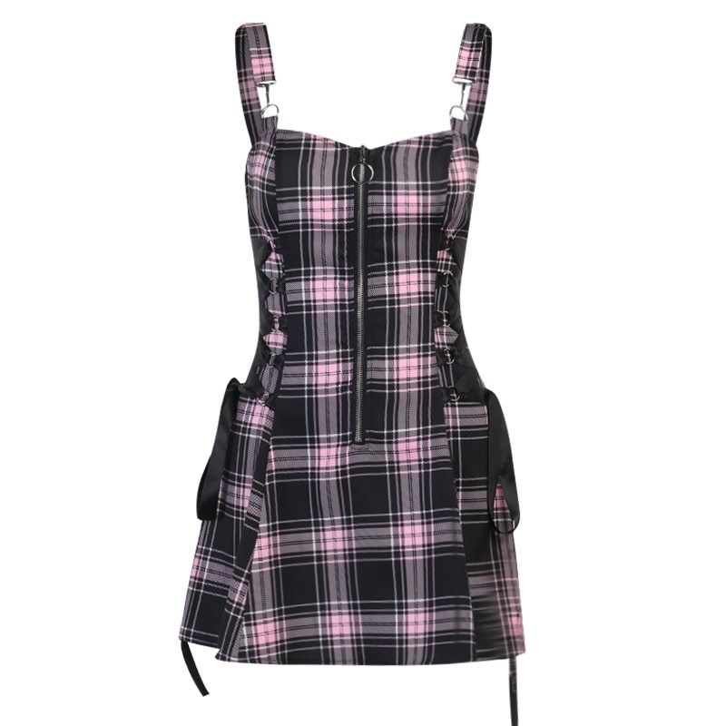 Gothic Plaid Bandage Black & Blue Dress Vintage Sleeveless Punk Sexy Mini Dress Item image 8