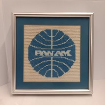 Vintage Pan Am Airlines Framed Wall Art Embroidered Large Cross Stitch Matte  - £187.99 GBP