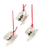 Kurt Adler Set Of 3 Porcelain Holiday Formal Holly Tea Cup Xmas Ornaments J7789 - £22.71 GBP