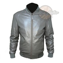 Men’s Stylish Handmade Grey Leather Bomber Jacket – Soft Genuine Sheep L... - $206.71