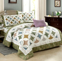 3pc Green Blue Pink White Floral Cotton Queen Handmade Star Quilt Coverlet Set - £173.26 GBP