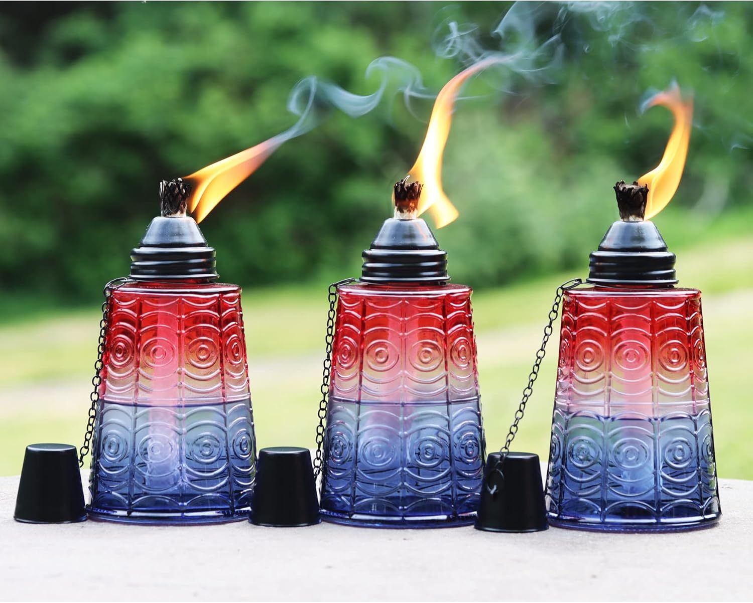 Seraphic Outdoor Torches: Set Of 3 Red/White/Blue Glass Table Top Torch ... - $44.96