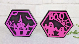 Halloween Ghost Haunted House Wooden Tabletop Signs Black Pink Purple 2 ... - $14.99