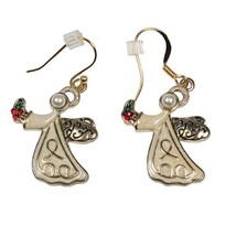 Angel Pierced Earrings Gold Tone Enamel Faux Pearl Holly Berries Vtg Christmas  - £5.68 GBP