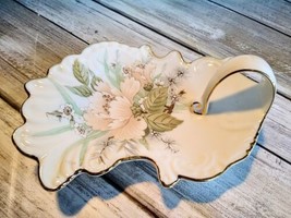 VTG Porcelain Floral Hand painted Tray W/Handle Trinket Jewelry Dish Leaf Shaped - $8.01