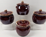 4 Hull Brown Drip Small Bean Pots Lids Set Vintage House Garden Pottery ... - $69.17