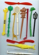 13 Different Fancy Figural Plastic Swizzles / Stirrers Menehune Wrench Razor - £27.41 GBP