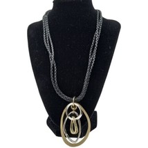 Chico’s Black 3 Strand Braided Corded Necklace Silver/Gold Tone Abstract Pendant - £11.17 GBP