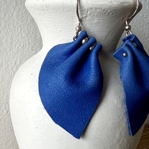 Royal Blue Leather Petal Earrings With Sterling Silver Hooks - £17.73 GBP