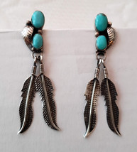 Artisan Sterling Silver &amp; Turqoise earrings Native feather design - £23.72 GBP