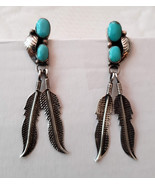 Artisan Sterling Silver &amp; Turqoise earrings Native feather design - £23.97 GBP