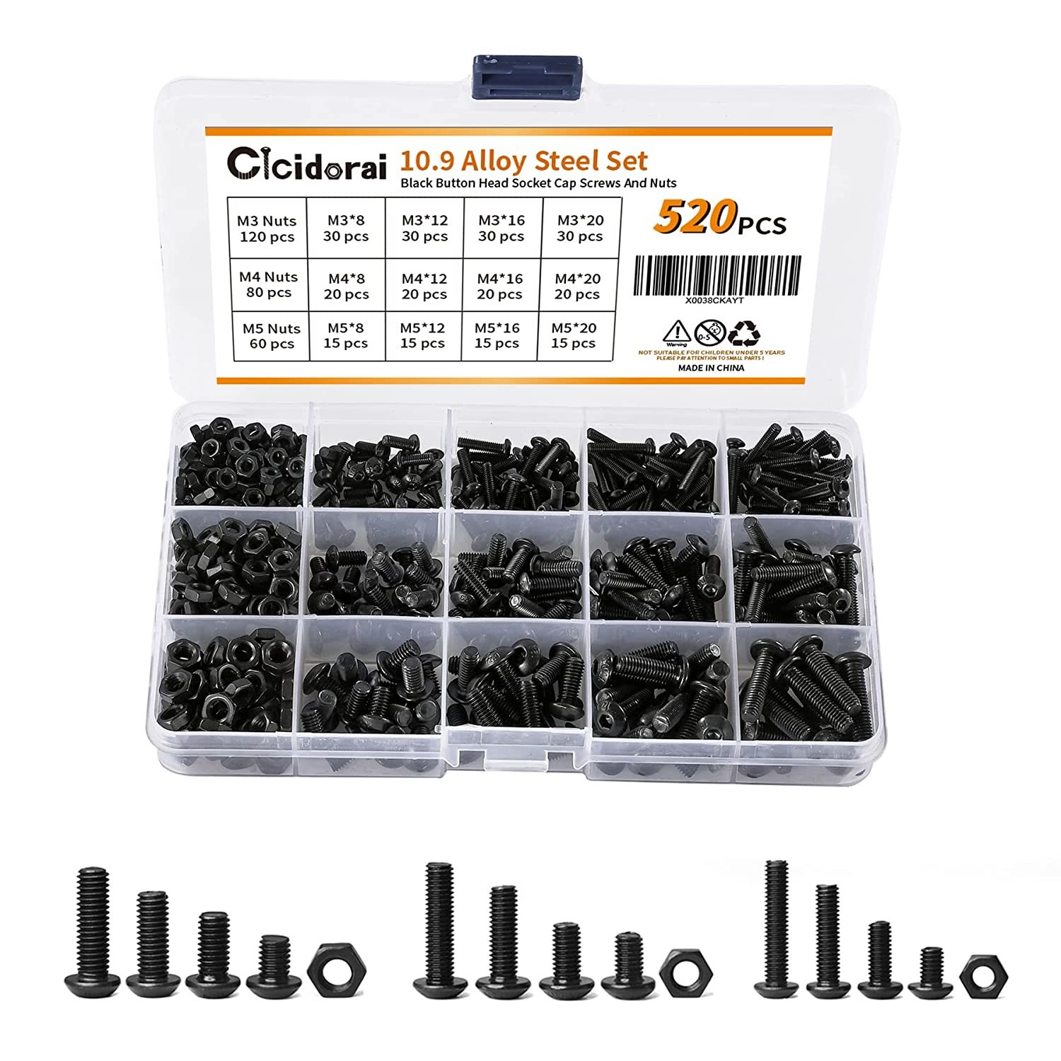 The Cicidorai 520 Pcs. M3 M4 M5 10.9 Grade Alloy Steel, Button, Full Thr... - $31.97