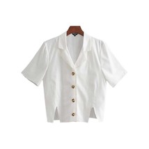 Herstory buttons notched collar short sleeve cotton blouse women elegant white c - £151.87 GBP