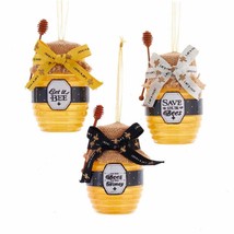 KURT ADLER YELLOW AND BLACK HONEY JAR w/BOW GLASS XMAS ORNAMENT SET OF 3... - £19.71 GBP