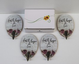 4 pc Rustic Design Hanging Hooks &quot;Faith Hope &amp; Love&quot; by Sunflower Garden NIB - £7.98 GBP