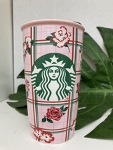 Starbucks Pink Floral Bando Rose Print Ceramic Traveler Tumbler 12 oz - £12.45 GBP