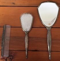 Vtg 1900 Antique Victorian Silverplated Floral Brush Comb Hand Mirror Vanity Set - £111.49 GBP