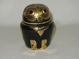 Vintage Black Lacquer Owl Figurine Gold Painted Gilt Round Trinket Box - $29.69