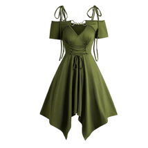 Wicked Silk Olive Green Fairy Peasant Golden Neck Chain Lace Up Dress L ... - £23.53 GBP