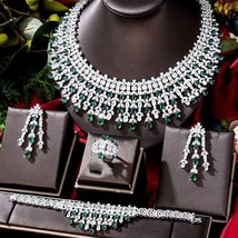 Indian Bollywood Silver Plated CZ Necklace Earrings Chain Emerald Jewelry Set - £225.38 GBP