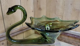1960s Sooner Art Glass Green Brown Swirl Hand Blown Swan Bowl Planter Ru... - $98.99