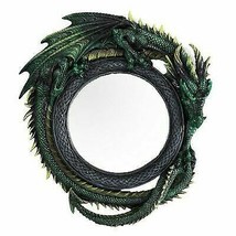 Gothic 11.75&quot; Tall Jade Pagoda Green Intertwined Dragon Round Wall Mirror Plaque - £35.16 GBP