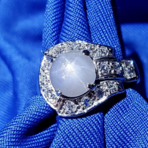 Earth mined Star Sapphire Diamond Deco Engagement Ring Solid 14k White Gold - $67,543.13 MXN
