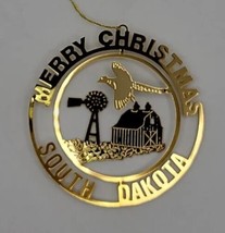 Vtg Classic Ornament Season&#39;s Greeting South Dakota 24k Gold Brass (A) - £7.14 GBP