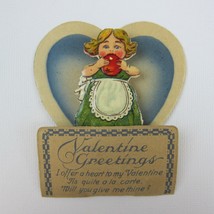 Vintage Valentine 3D Pop Up Die Cut Blonde Girl Green Dress Apron Apple UNSIGNED - £11.93 GBP