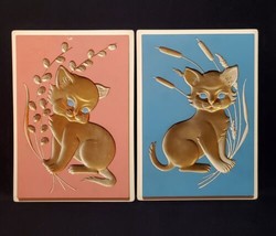 Pair Mid-Century 1961 Richter Chalkware Wall Art Plaques Gold Blue Eyed Cats - £99.76 GBP