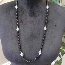 Womens Fashion Black Beads White Clear Crystals Long Necklace with Lobster Clasp - £22.33 GBP