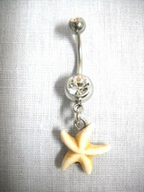New White Starfish Beach Fun 2 Sided Charm On Dazzling Clear Cz Bar Belly Ring - $5.99