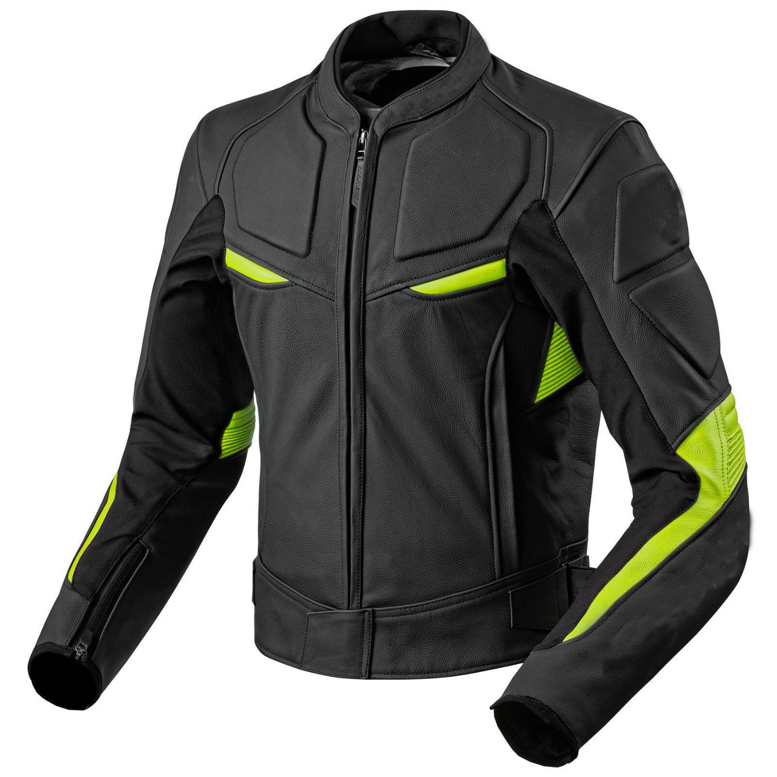 Men Black Yellow Cont Motorcycle Front Zipper Genuine Leather Safety Pads jacket