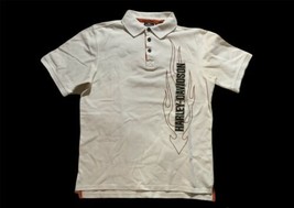 Harley Davidson White Polo Shirt M Flames Logo Woven Embroidered Double Sided - £35.38 GBP
