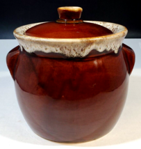Vintage Brown Drip Pottery Crock Bean Pot with Handles and Lid - £27.68 GBP