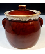 Vintage Brown Drip Pottery Crock Bean Pot with Handles and Lid - £27.23 GBP