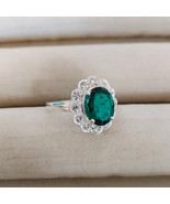 Lab Created Emerald Halo Ring sterling 925 silver Ring, Green Gemstone Ring - £49.54 GBP