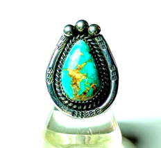 Vintage Native American Sterling Silver &amp; Turquoise Teardrop Shaped Ring G Myers - £127.78 GBP