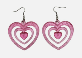 Acrylic Large Pink 3 Layer Heart Design Long Dangle Earrings - £7.89 GBP