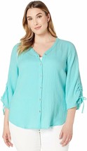 Foxcroft NYC Women&#39;s 3/4 Sleeve Button Down Shirt Sea Green Large - £7.78 GBP