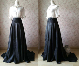 Black Pleated Maxi Satin Skirt Outfit Women Custom Plus Size Prom Maxi Skirt image 3