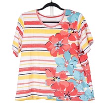 Allison Daley Floral Shirt Petite L Womens Striped Yellow Orange Short Sleeve - £12.40 GBP